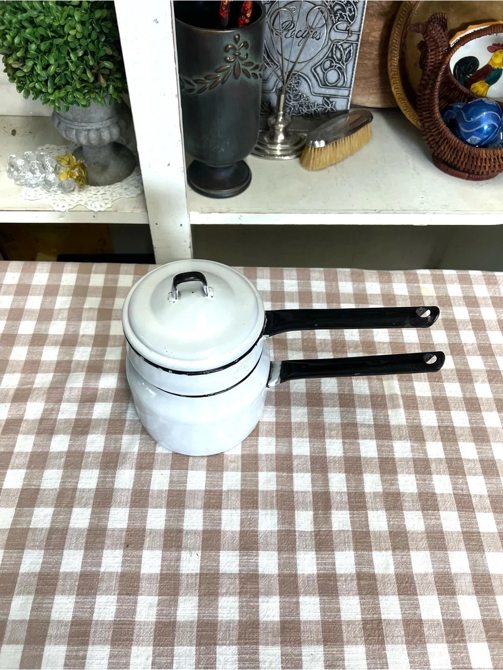 Vintage black white enamel double boiler pan decor cookware grandma core